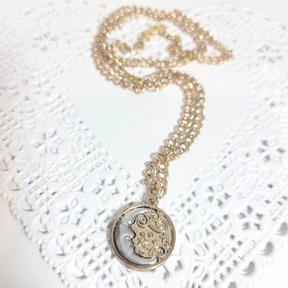 Two Tone Silver & Gold Moon Zodiac Mystic Celestial Charm Necklace